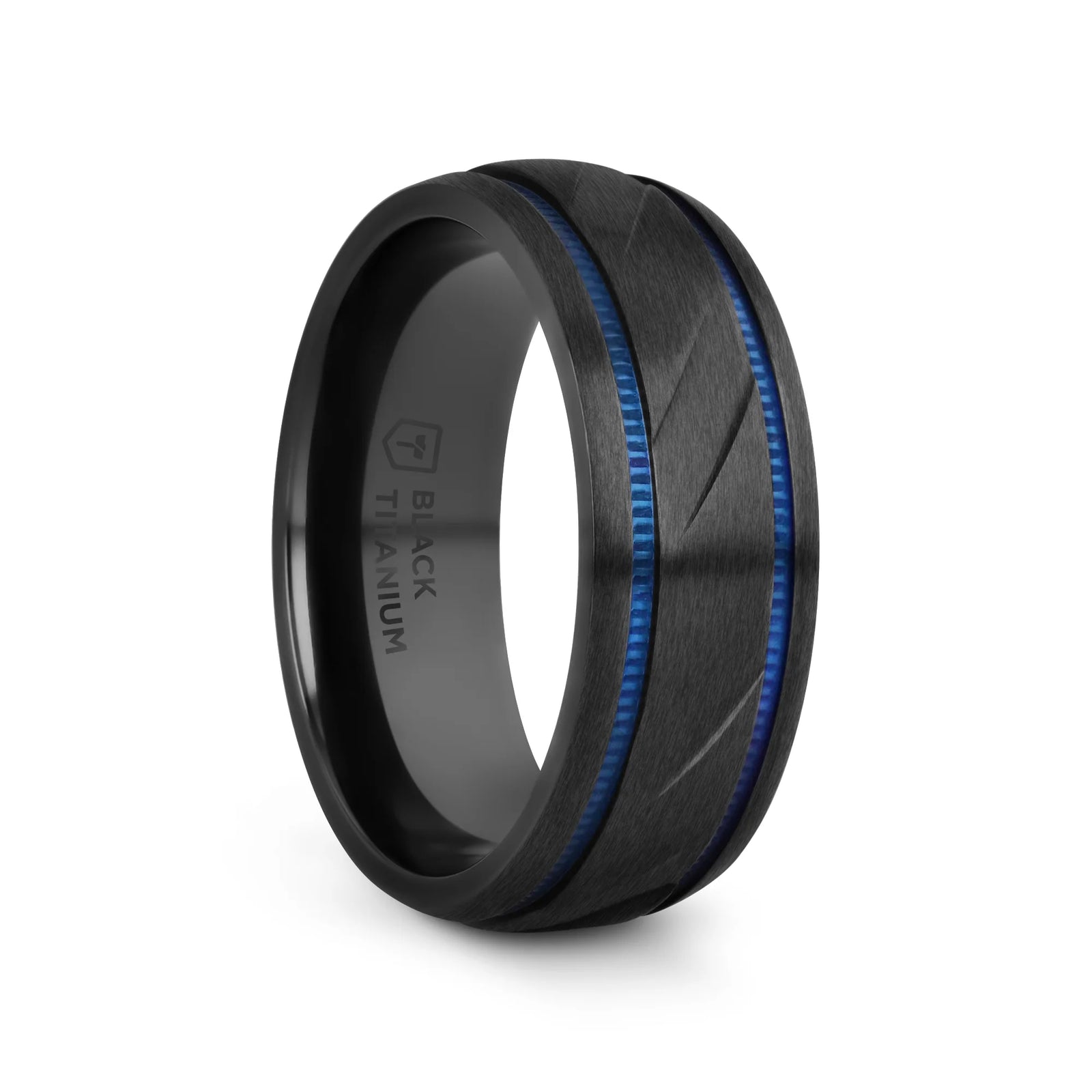 ZION Black Titanium Diagonal Pattern Wedding Ring Blue Milgrain Grooves – 8mm