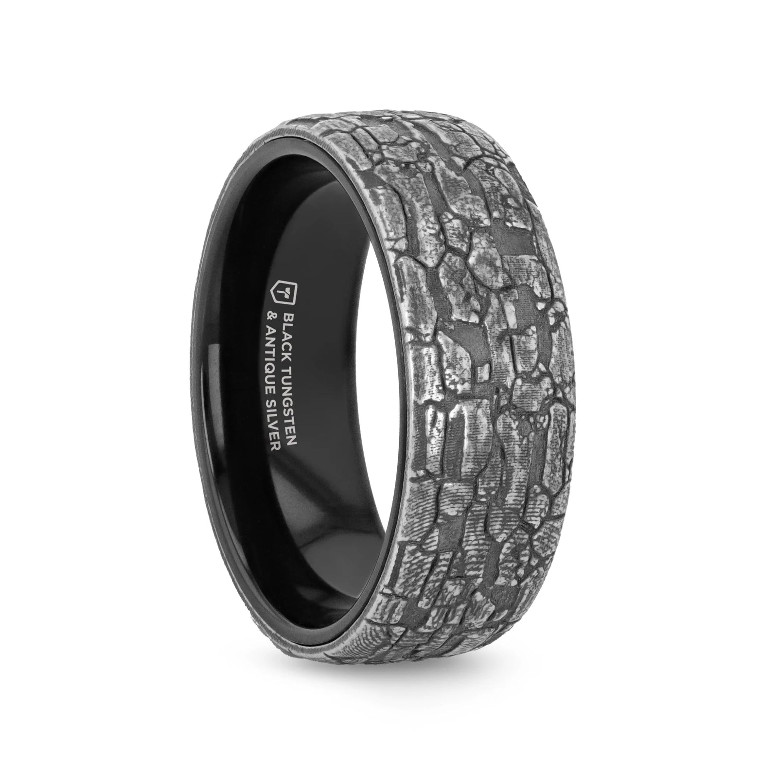 Palo Men's Black Tungsten Wedding Band with Sterling Silver Stonework Pattern - 8mm