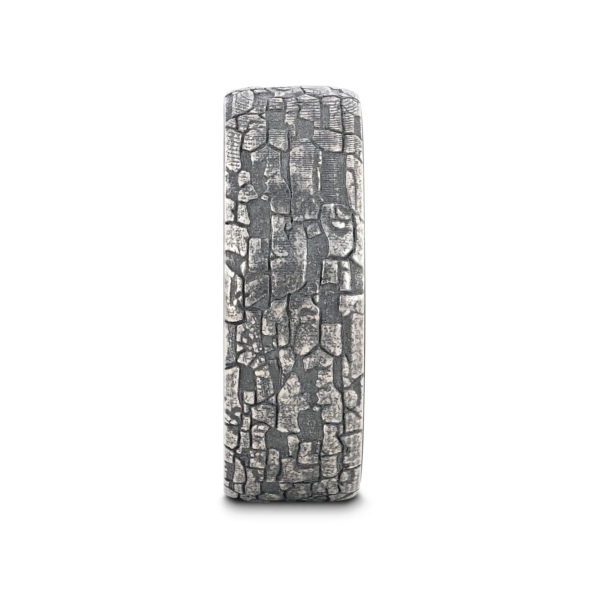 Black Tungsten Wedding Band with Sterling Silver Stonework Pattern - 8mm
