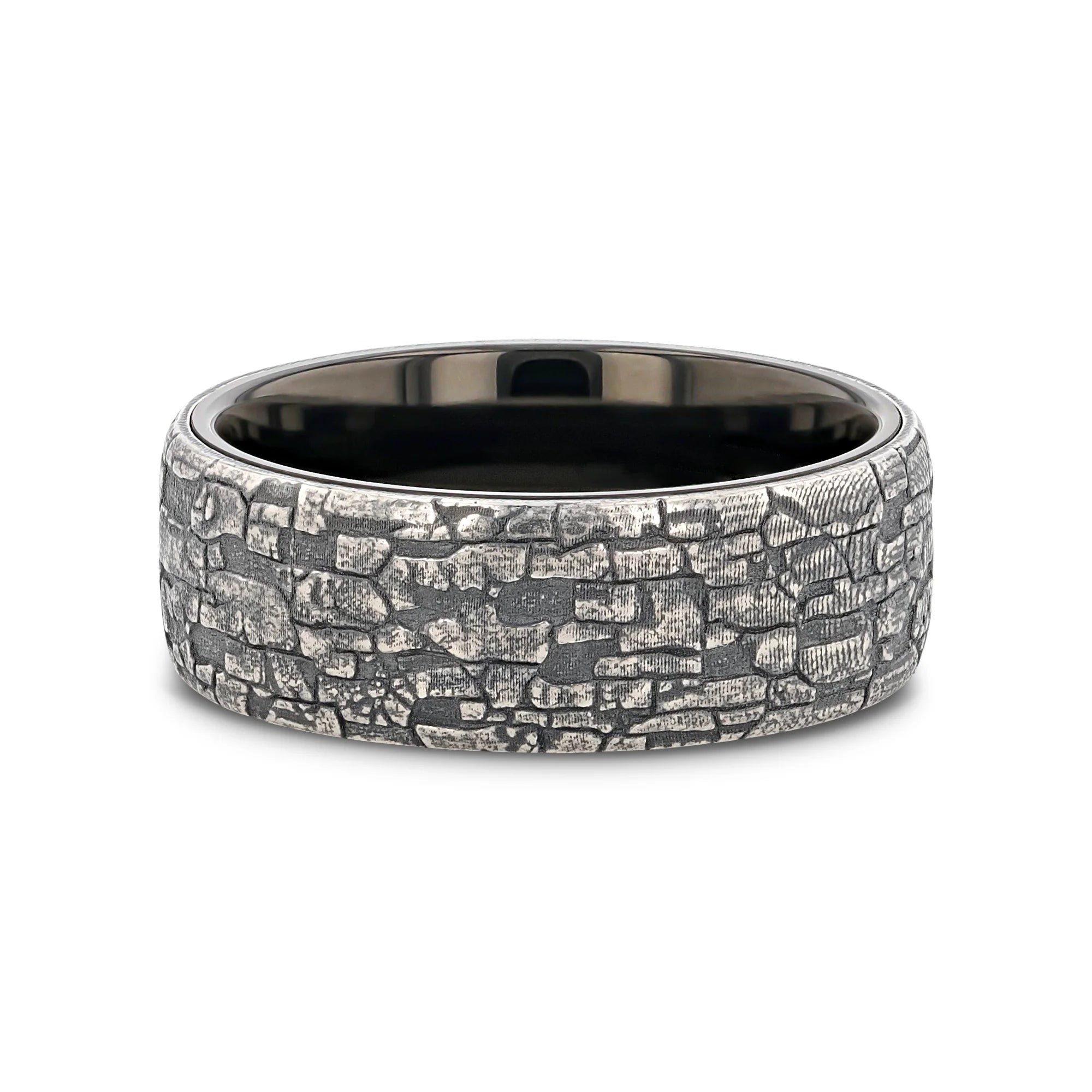 Palo Men's Black Tungsten Wedding Band with Sterling Silver Stonework Pattern - 8mm