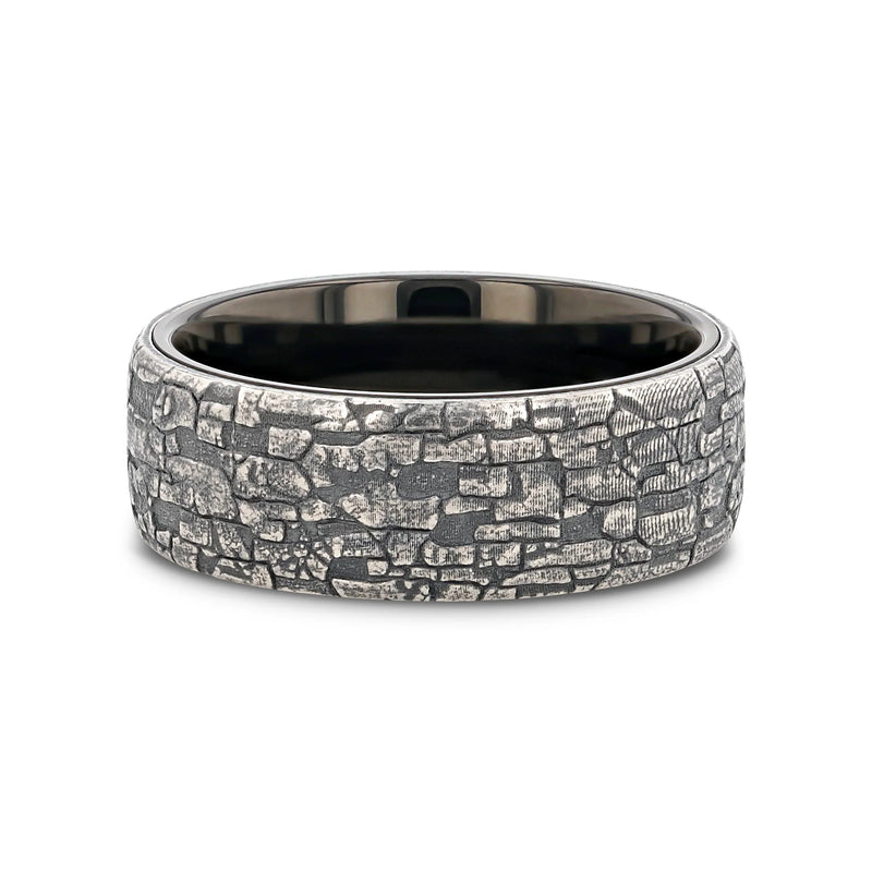 Black Tungsten Wedding Band with Sterling Silver Stonework Pattern - 8mm