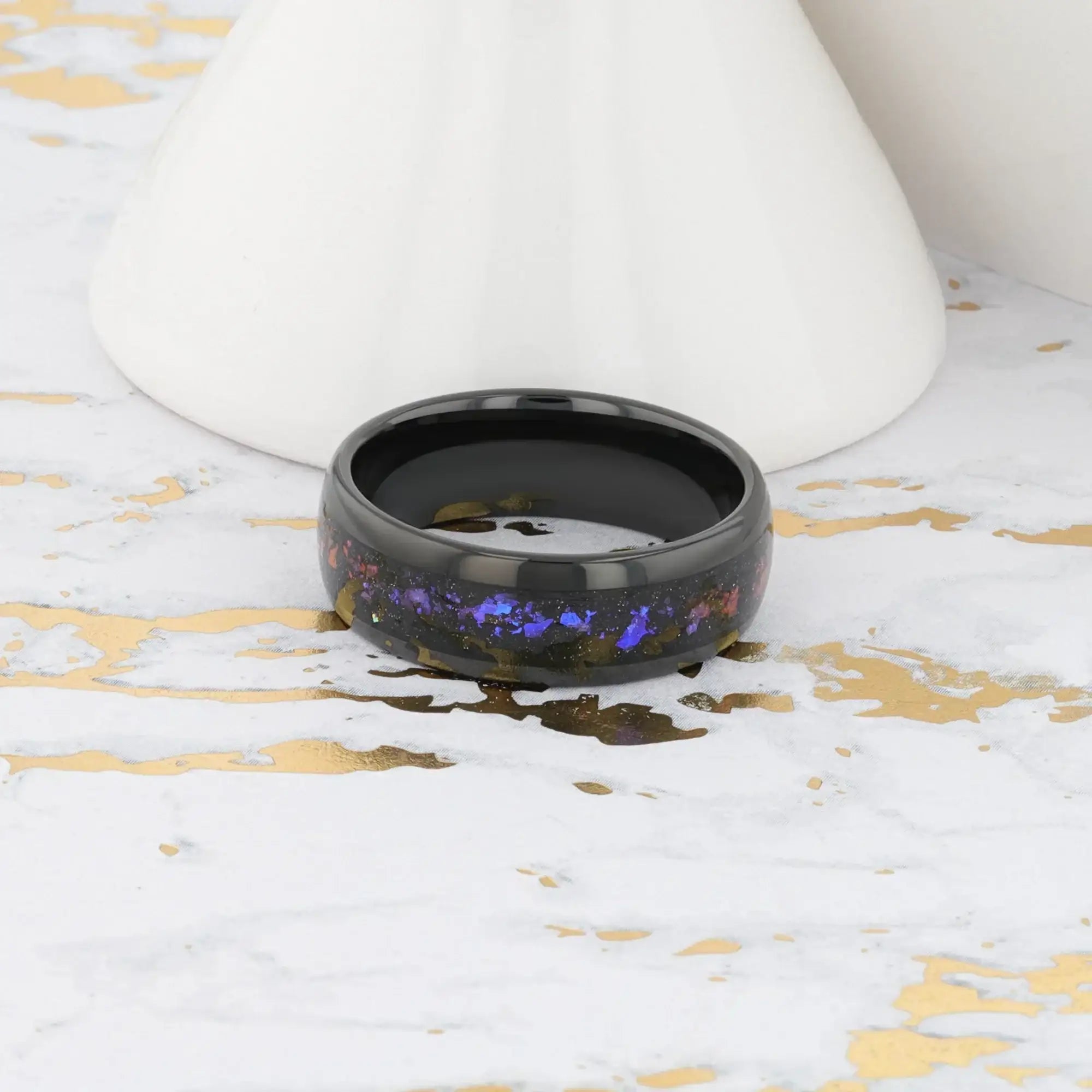 Naxos black tungsten alexandrite ring, close-up inlay
