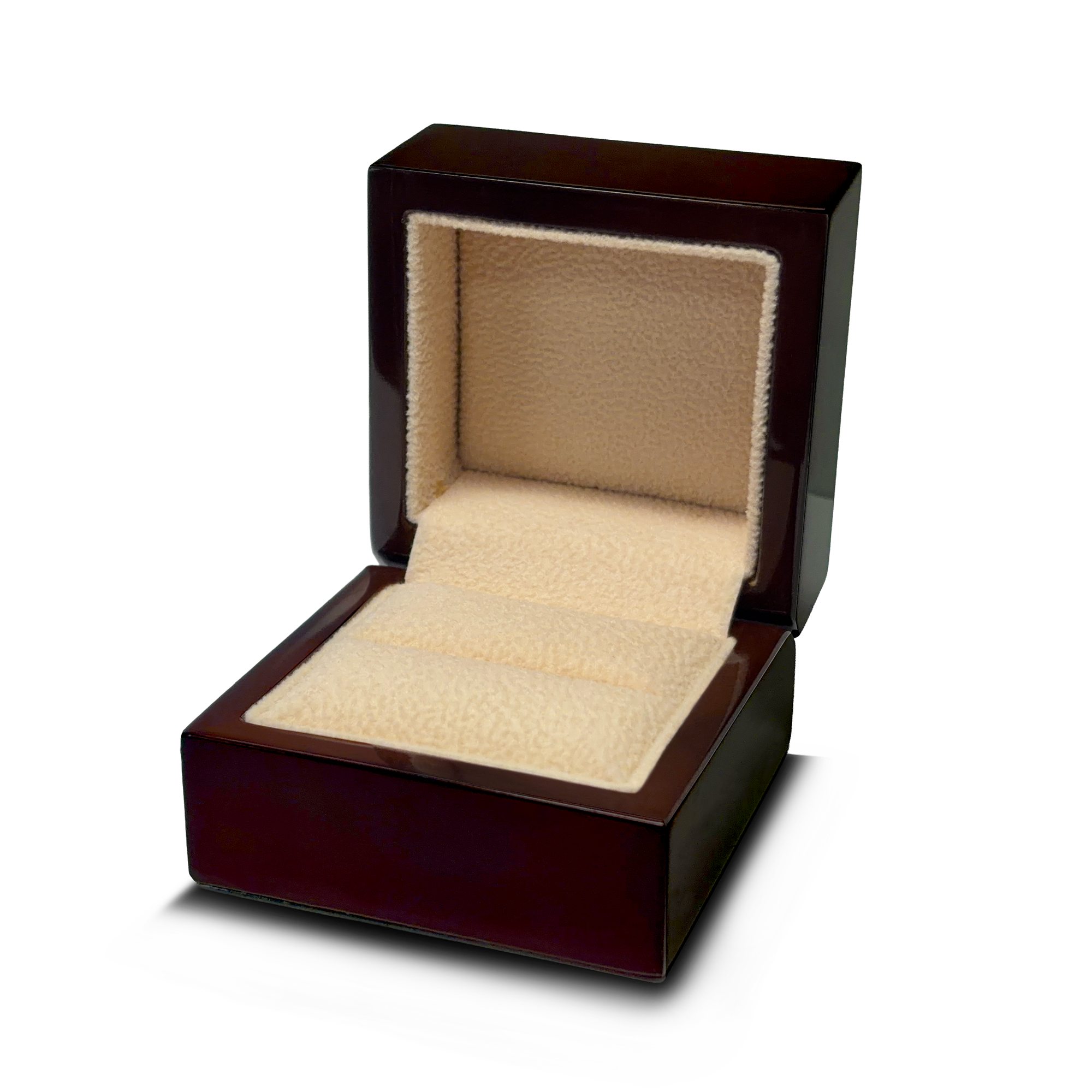 Syene dark wood ring box, open with fabric interior