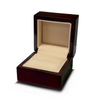 Megiddo dark wood ring box, open with fabric interior