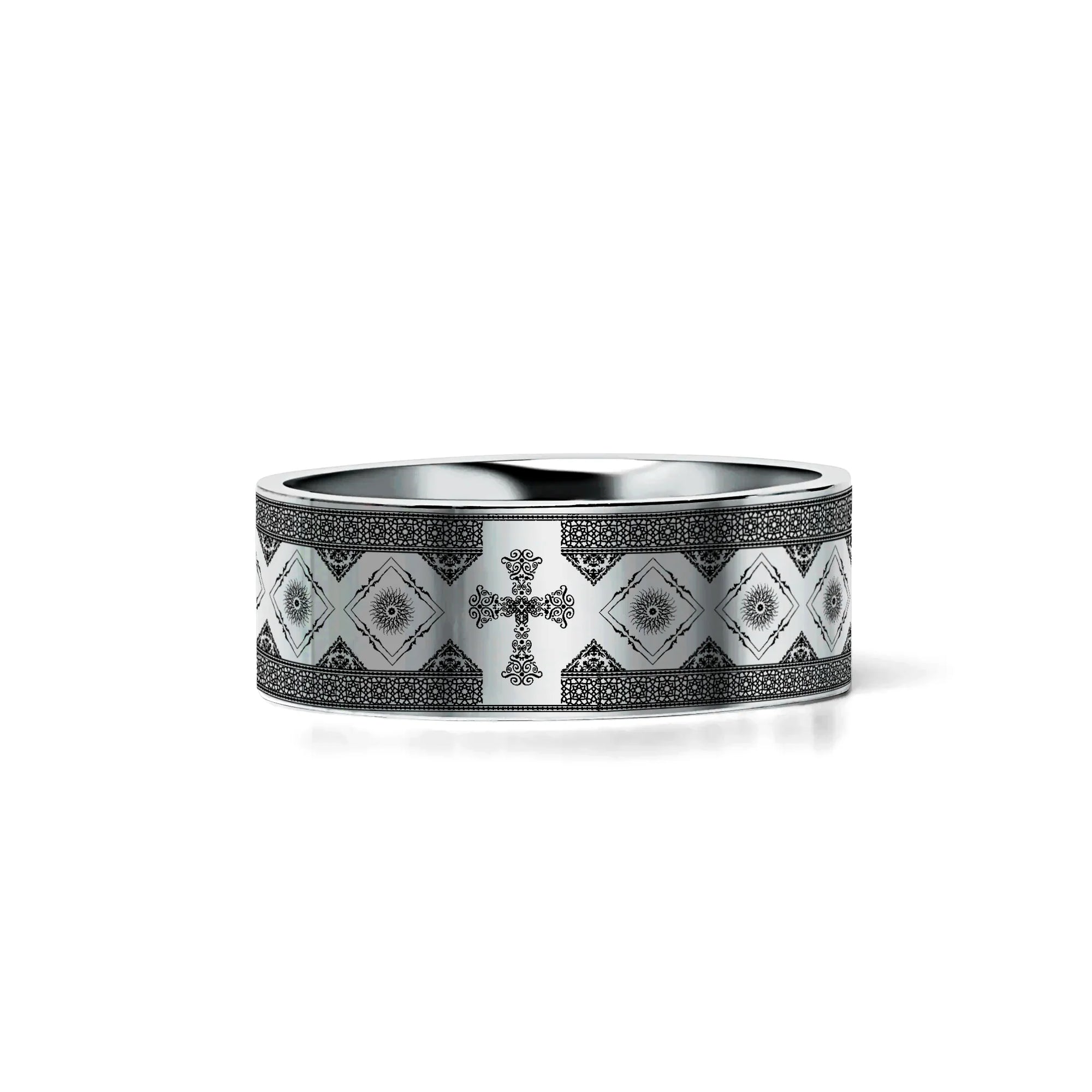 Classic Flat Tungsten Carbide Ring with Engraved Cross Pattern