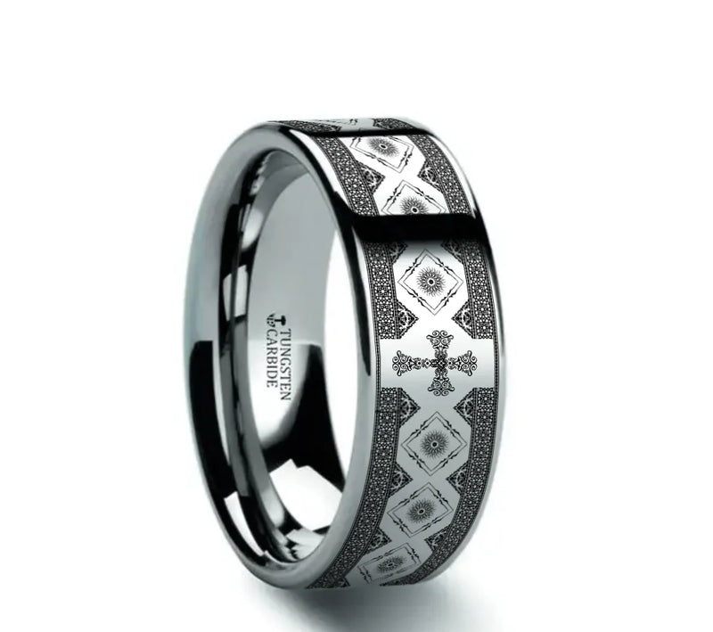 Classic Flat Tungsten Carbide Ring with Engraved Cross Pattern