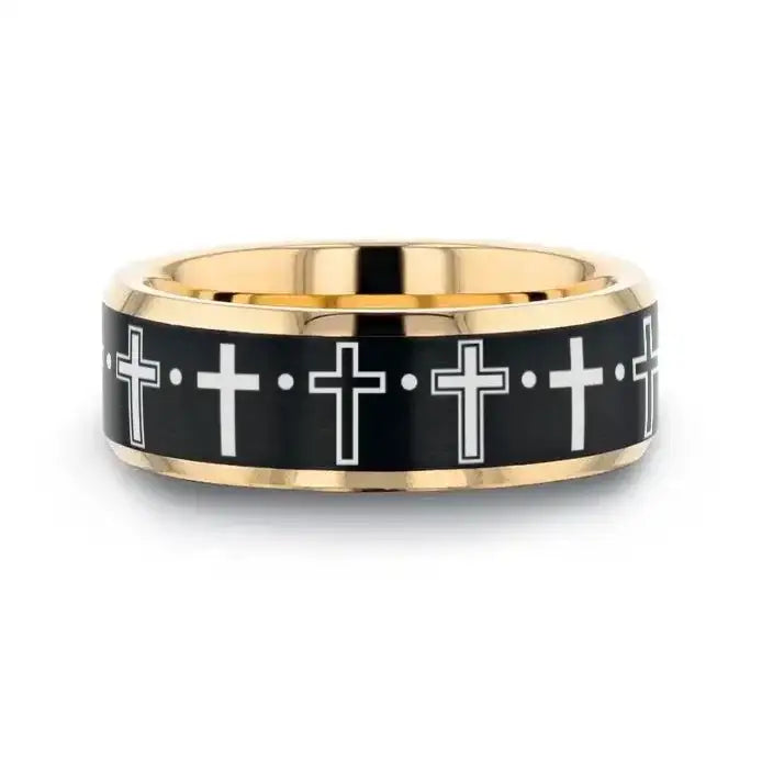 Troy gold-plated tungsten ring with engraved crosses, flat lay