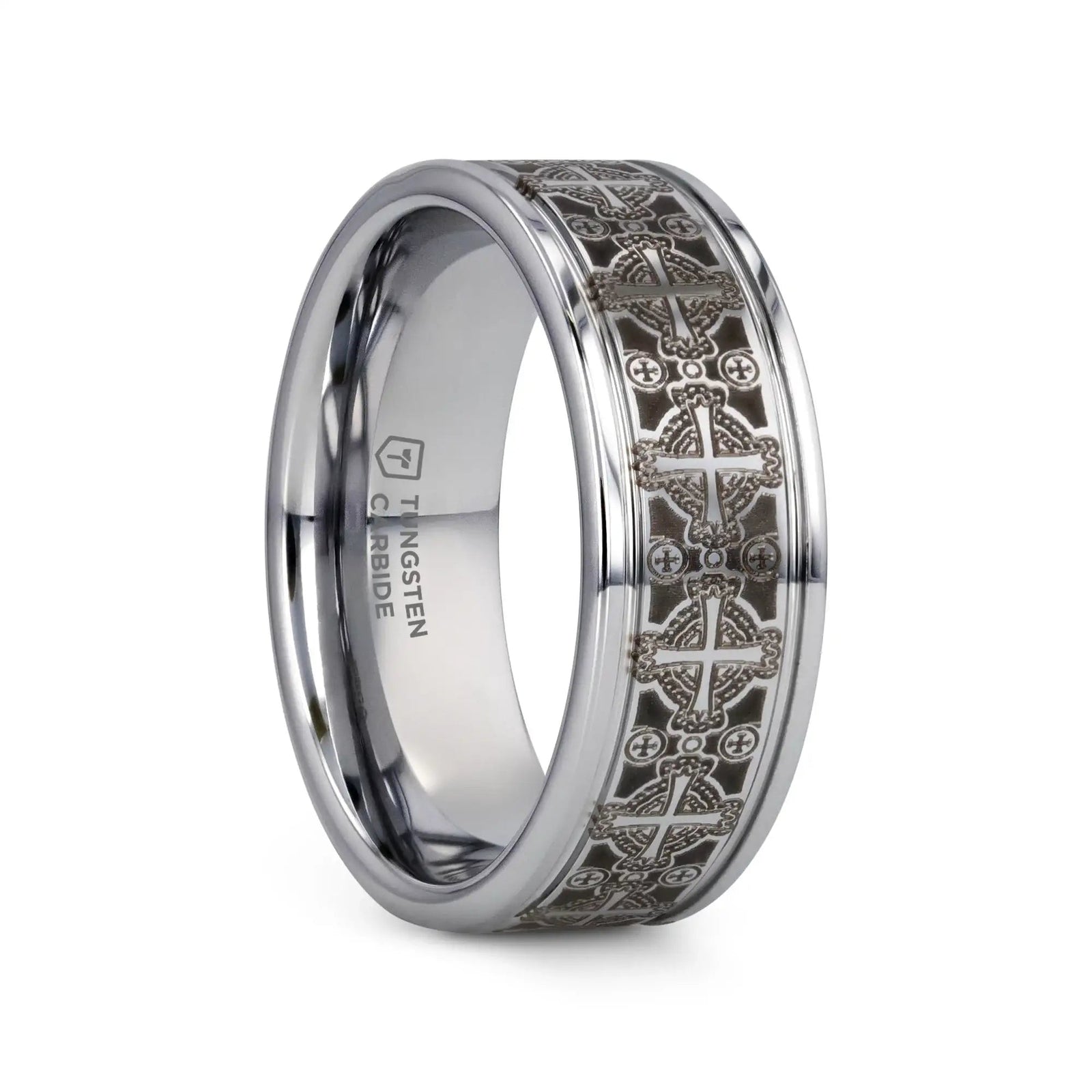 Philadelphia tungsten ring with Celtic cross engraving, front view