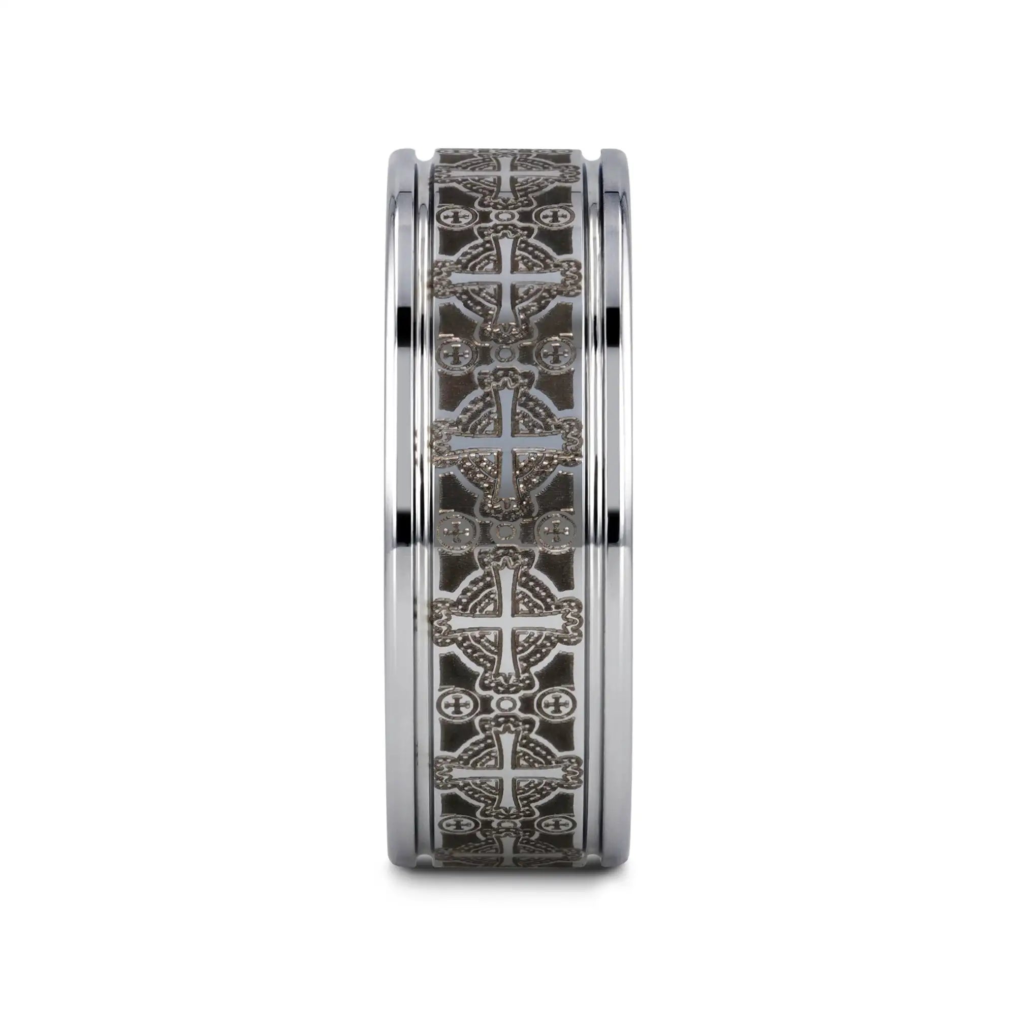 Philadelphia tungsten ring with Celtic cross engraving, side view
