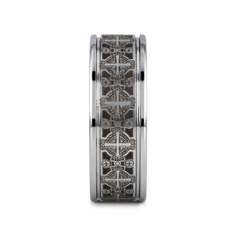 Philadelphia tungsten ring with Celtic cross engraving, front view