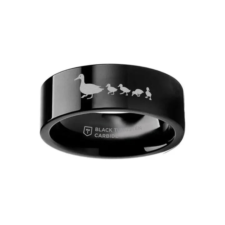 Duck Duckling Landscape Engraved Pipe Cut Polished Black Tungsten Ring - 4mm - 12mm