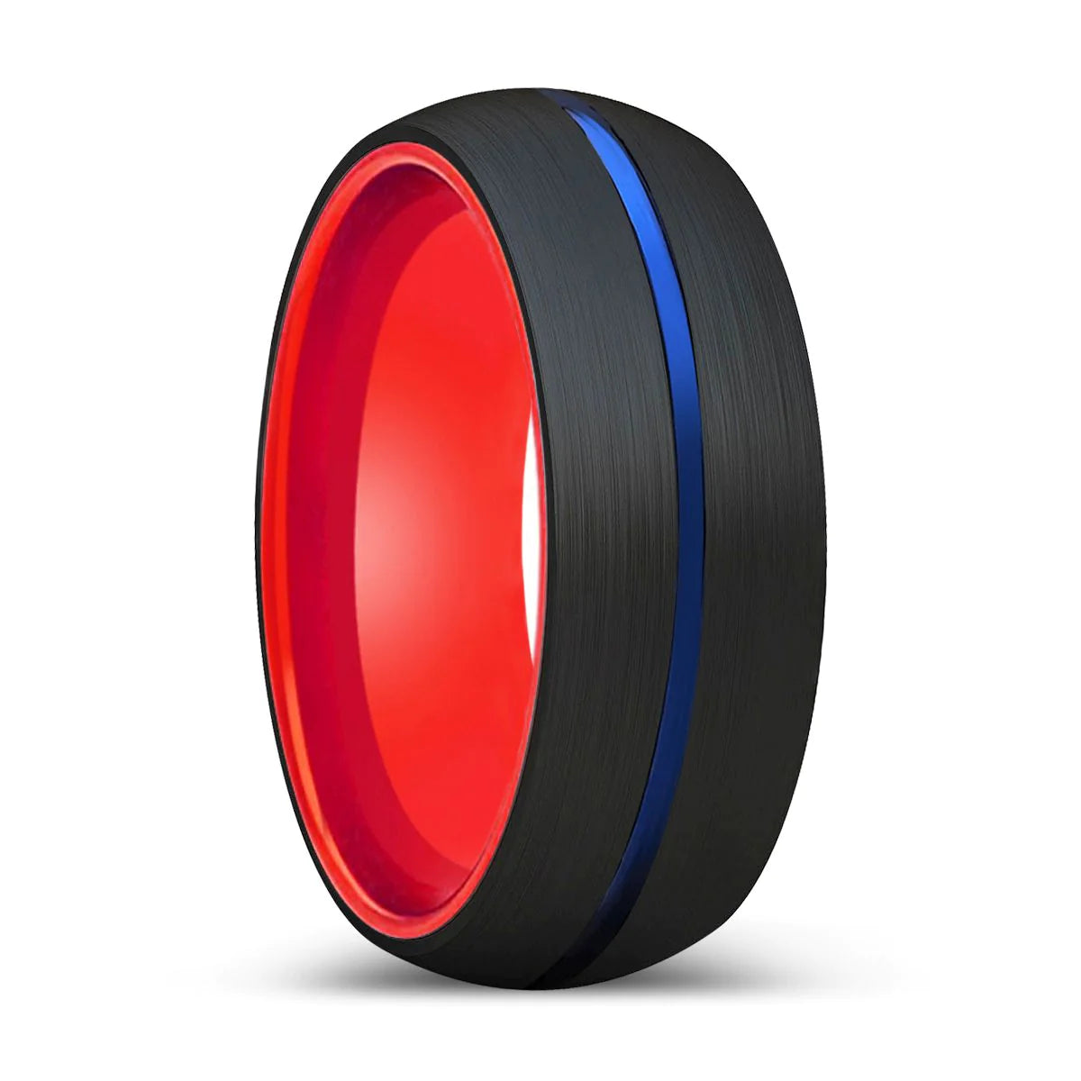 Marley Black Domed Tungsten Ring Blue Grooved Center & Red Inside - 6mm & 8mm