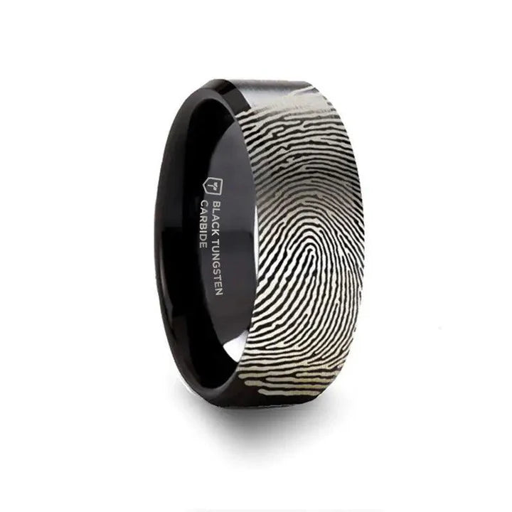 Kahili Brushed Fingerprint Black Tungsten Ring with Polished Beveled Edges 4mm - 10mm