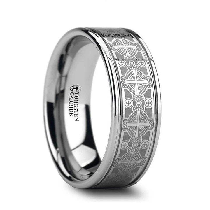 Riel Men's Flat Tungsten Carbide Wedding Ring Laser Engraved Celtic Crosses - 8mm