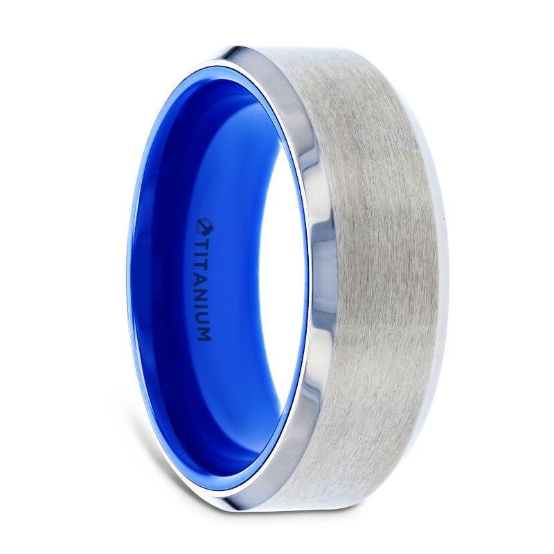 Flat Beveled Edges Titanium Ring with Brushed Center and Vibrant Blue Inside - 8mm
