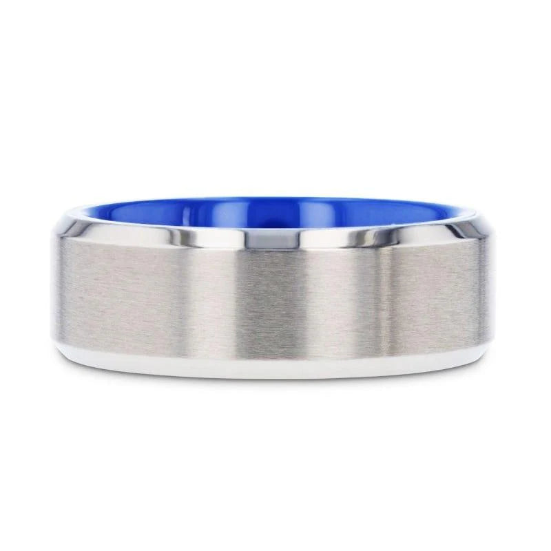 Maksim Men's Beveled Flat Titanium Ring with Brushed Center and Vibrant Blue Inside - 8mm