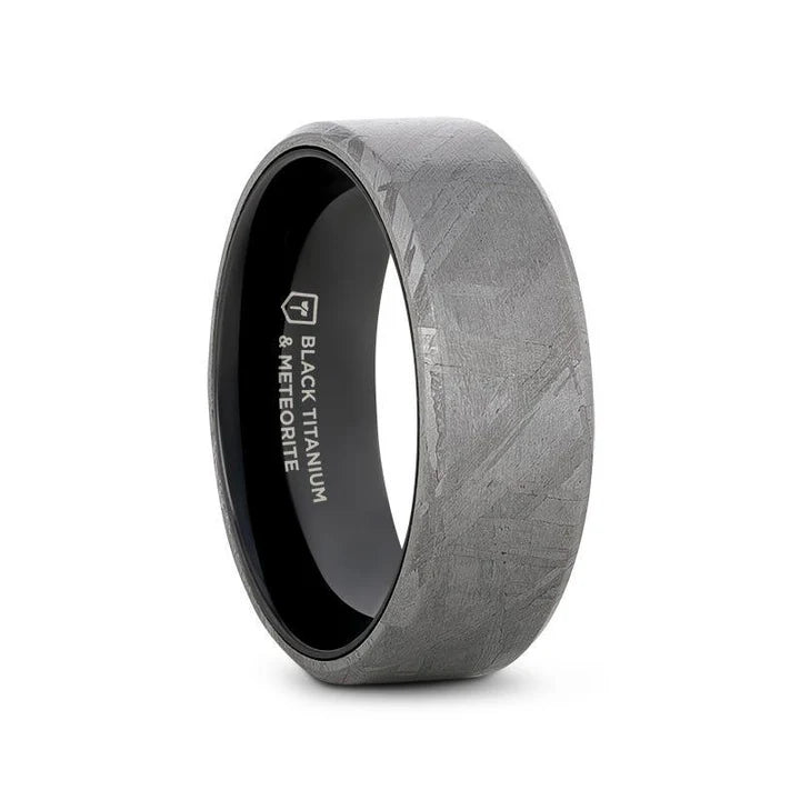 Rhun Men's Flat Black Titanium Wedding Ring with Meteorite and Beveled Edges - 8mm