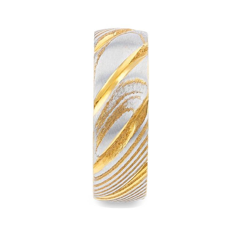 Gold Color Domed Brushed Damascus Steel Men’s Wedding Band with Vivid Etched Design - 6mm & 8mm