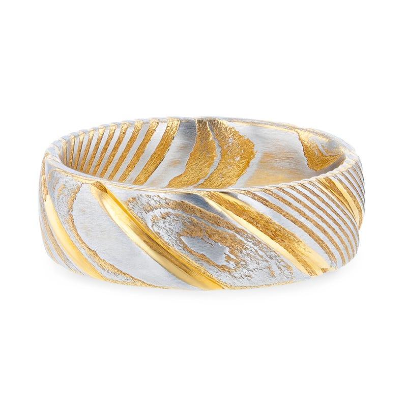 Gold Color Domed Brushed Damascus Steel Men’s Wedding Band with Vivid Etched Design - 6mm & 8mm