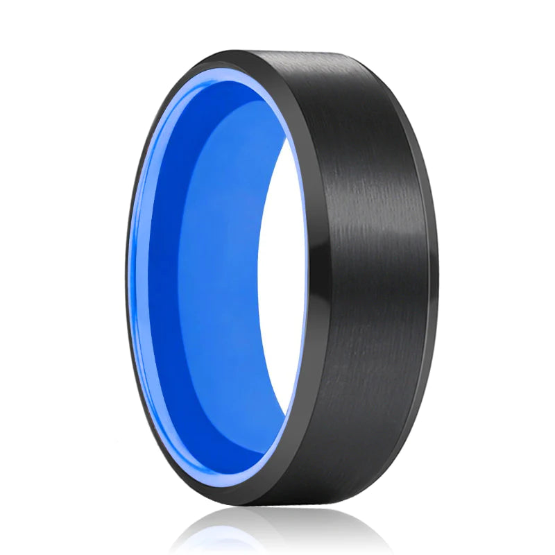 Malti Beveled Black Tungsten Wedding Band with Ice Blue Inside - 6mm & 8mm