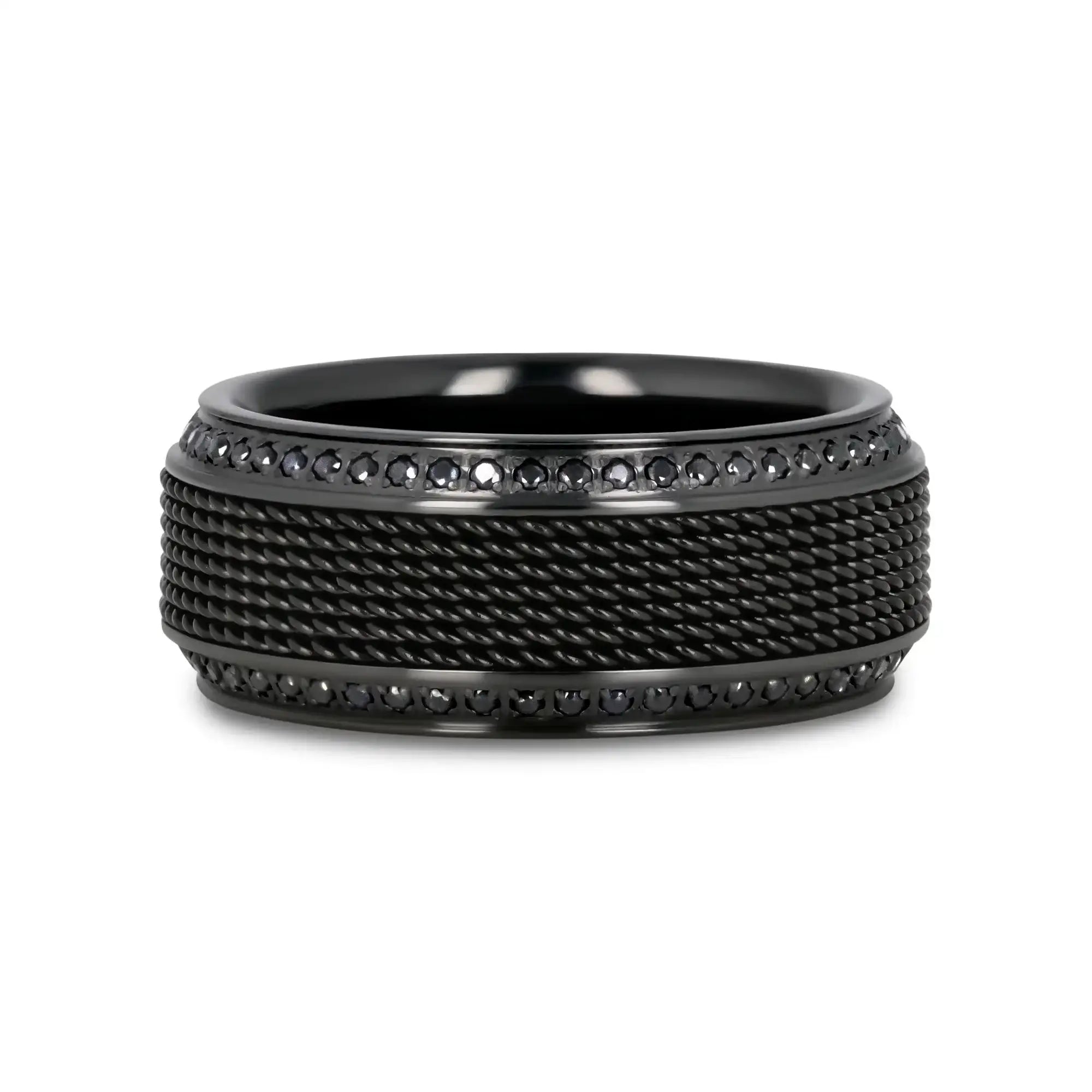 Thebes black titanium steel chain ring, angle view
