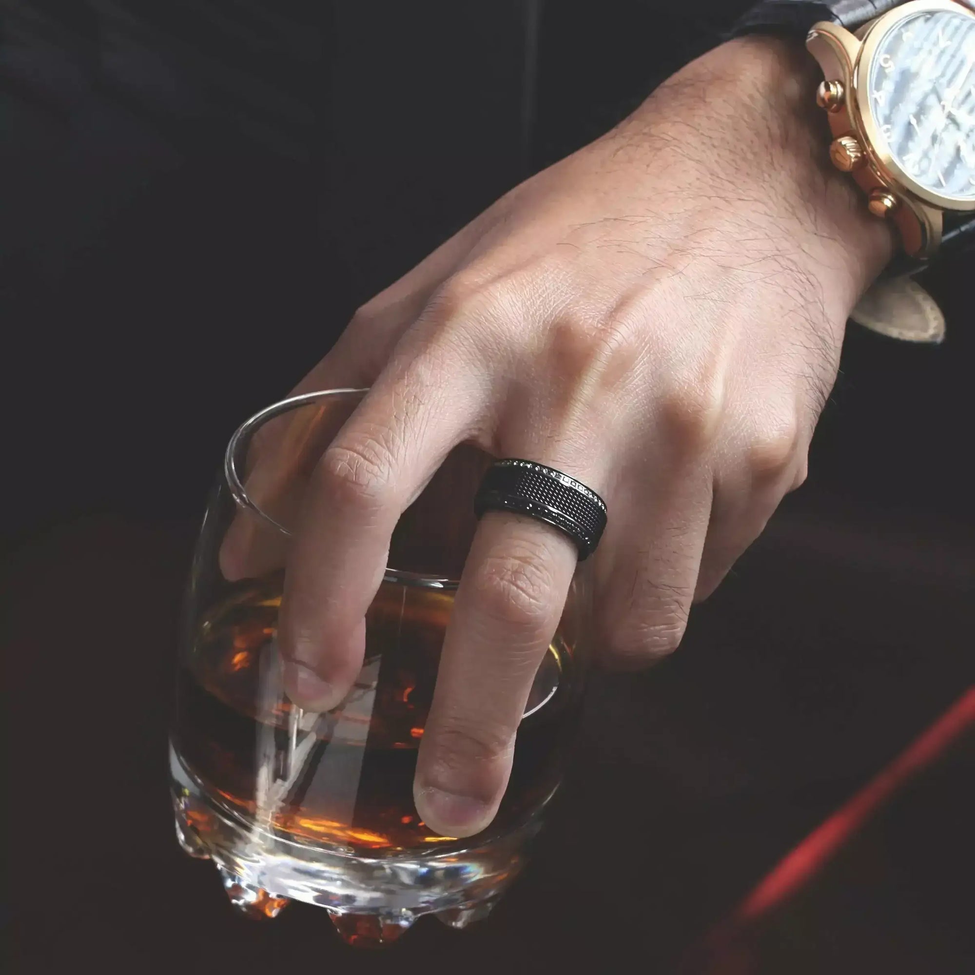 Thebes black titanium steel chain ring, flat lay