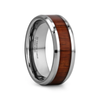 Tungsten carbide ring with a wooden inlay on a white background