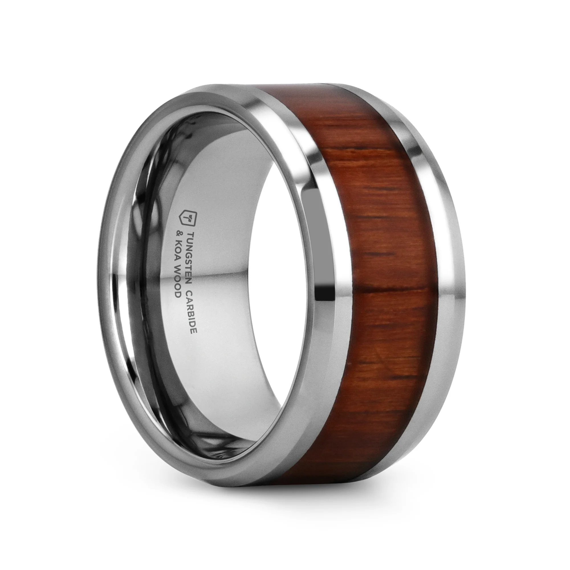Silver ring with a wooden inlay on a white background