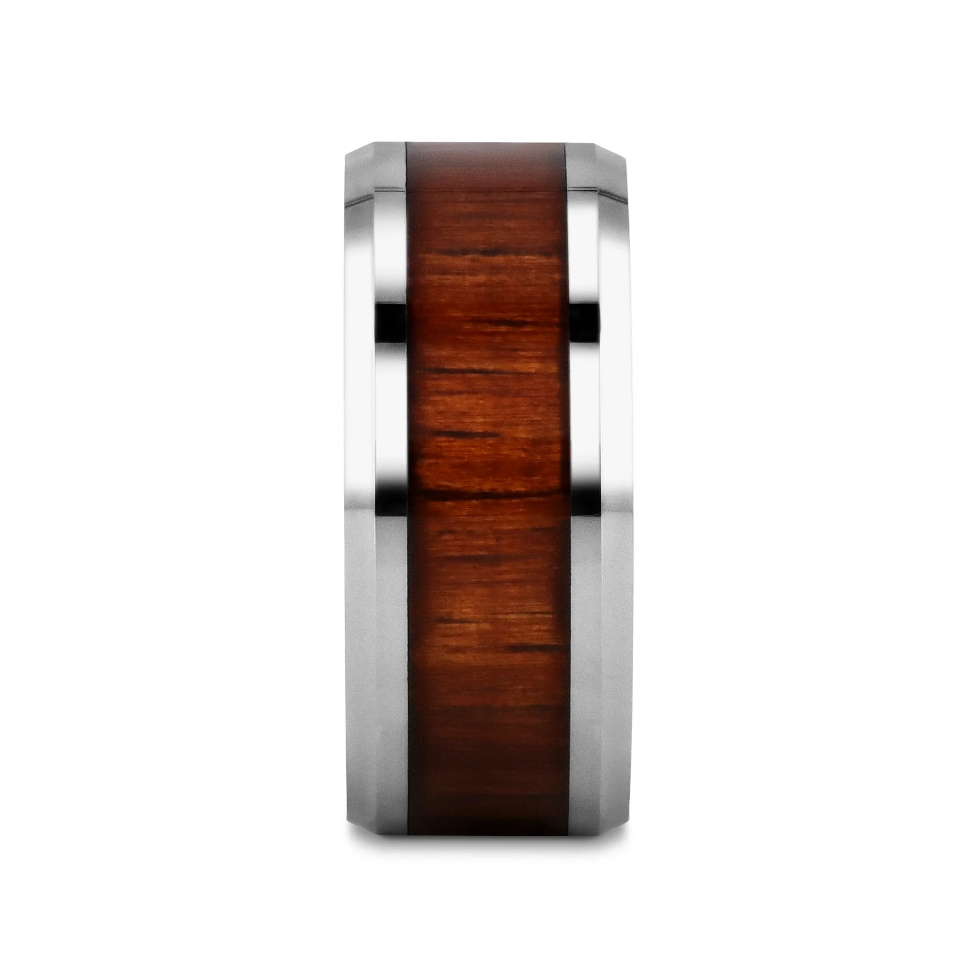 Wristband with wooden inlay and silver metal on a white background