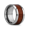 Tungsten carbide ring with wooden inlay on a white background