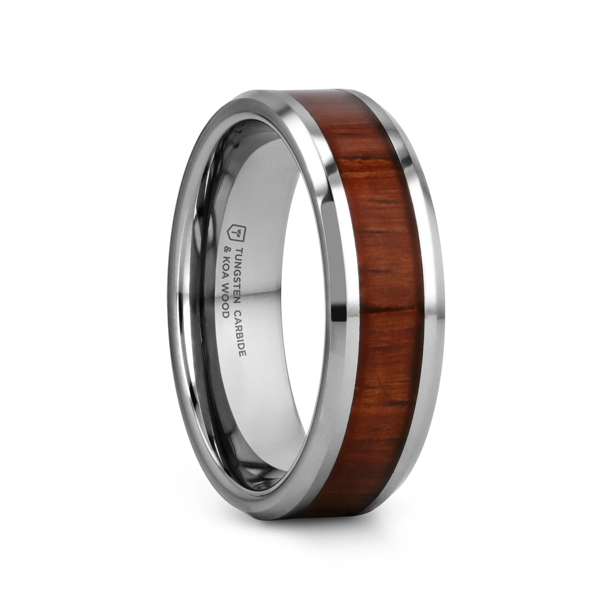 Tungsten carbide ring with a wooden inlay on a white background