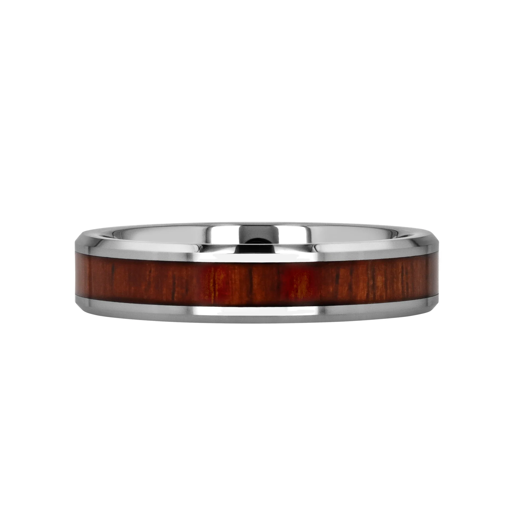 Silver ring with a wooden inlay on a white background