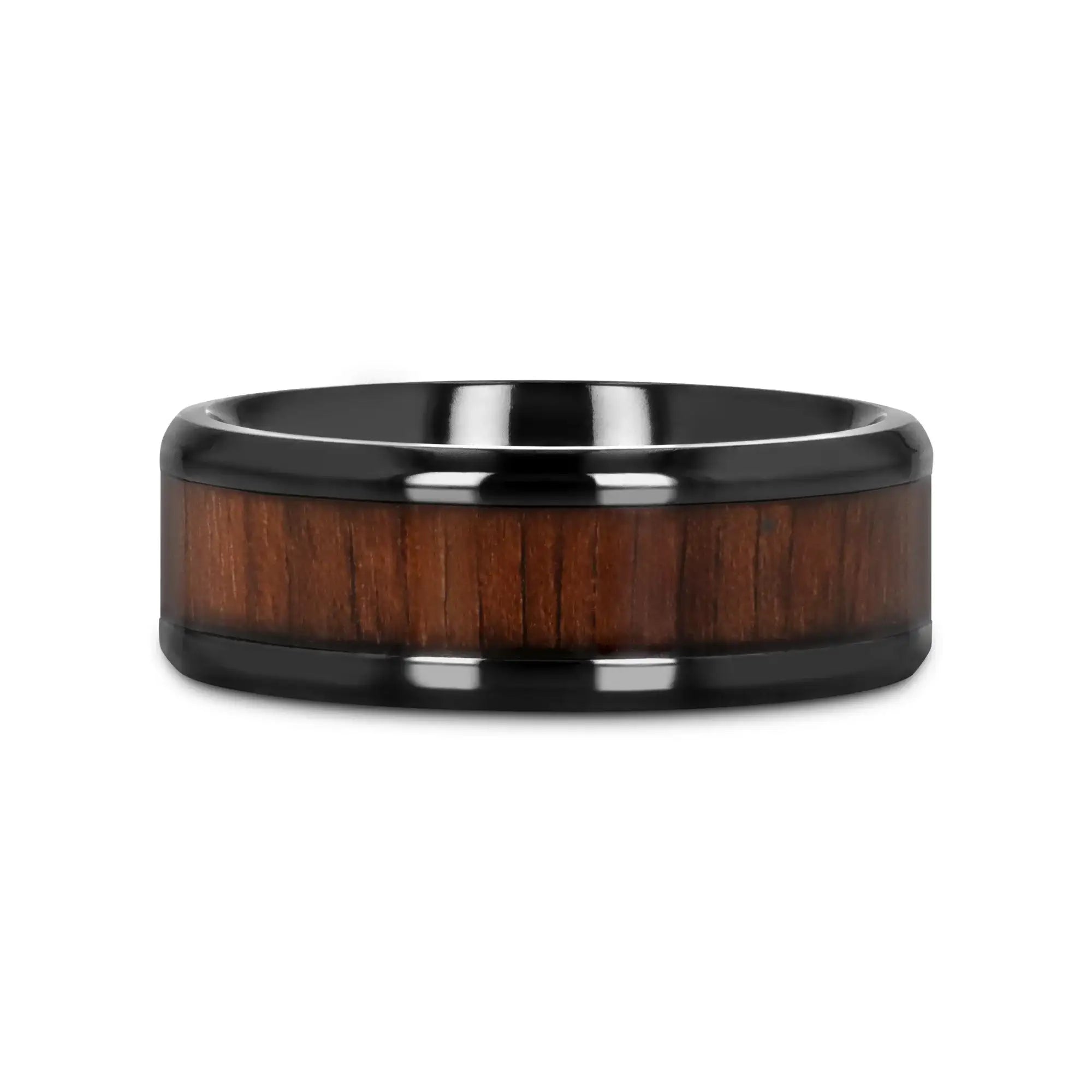 Delphi black titanium black walnut wood ring, flat lay