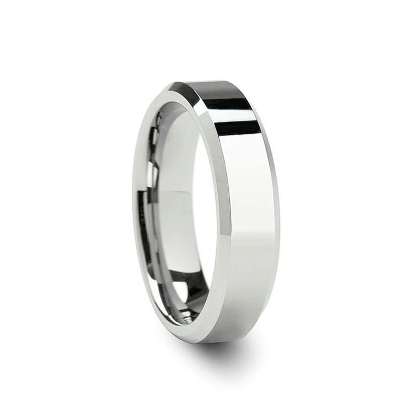 Padma Ladies White Tungsten Wedding Band with Polished Beveled Edges - 4mm & 6mm