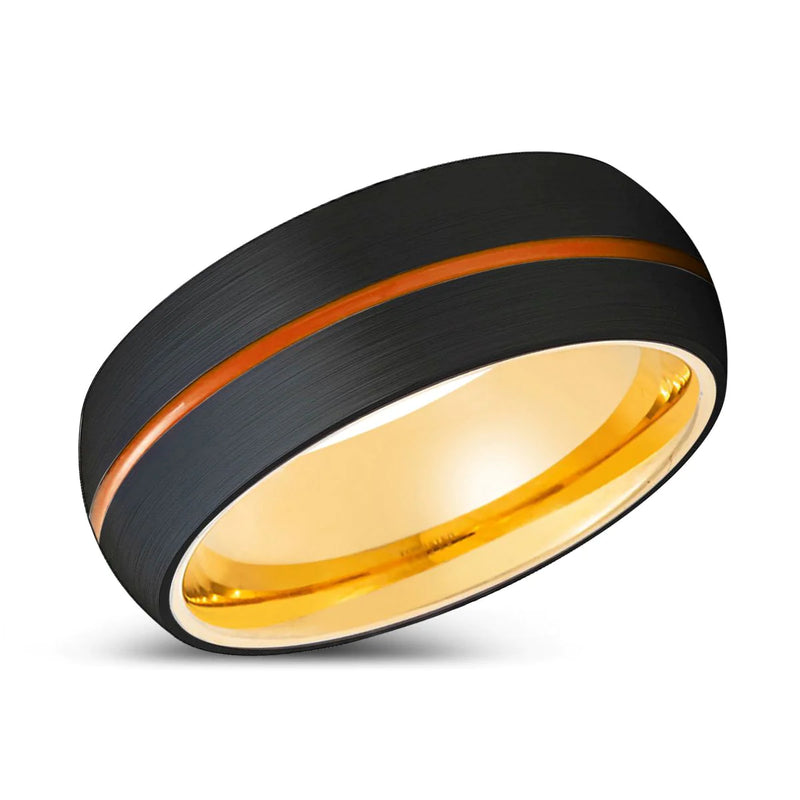 Marcos Gold Inner Black Brushed Domed Tungsten Ring Orange Groove  6mm - 8mm