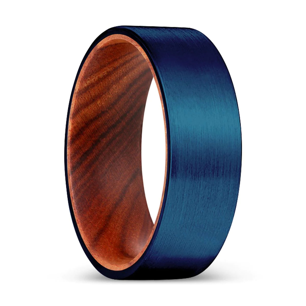 Medan Men's Pipe Cut Tungsten Ring with Iron Wood Sleeve Blue Brushed - 8mm