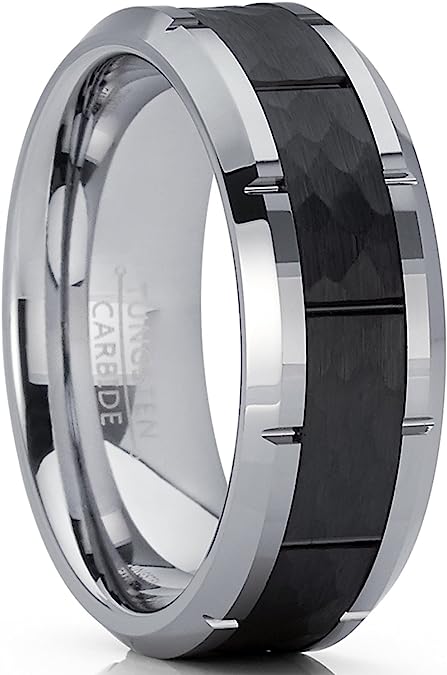 Magni Beveled Men's Black Hammered Grooved Tungsten Carbide Wedding Band - 8mm