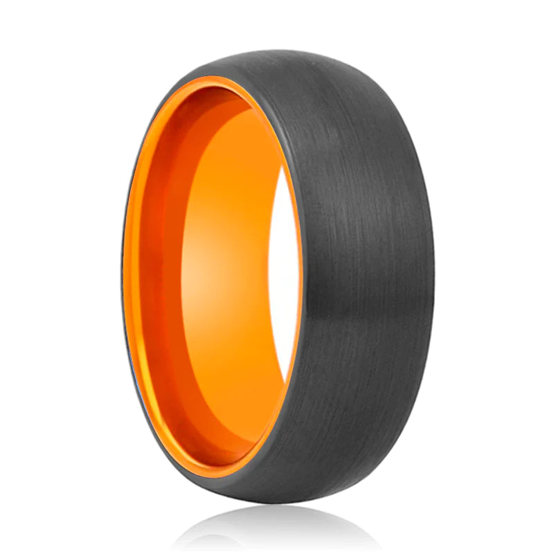 Gewölbter schwarzer Wolfram-Herrenring mit Atomic Orange-Innenseite und gebürsteter Oberfläche, 6 mm und 8 mm