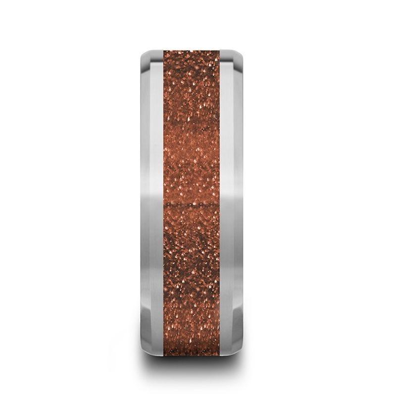 Men’s Polished Finish Beveled Edges Tungsten Wedding Band with Orange Goldstone Inlay - 8mm