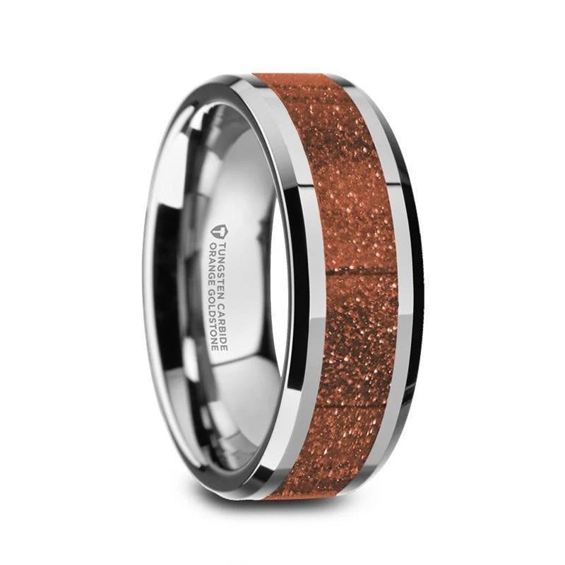 Men’s Polished Finish Beveled Edges Tungsten Wedding Band with Orange Goldstone Inlay - 8mm