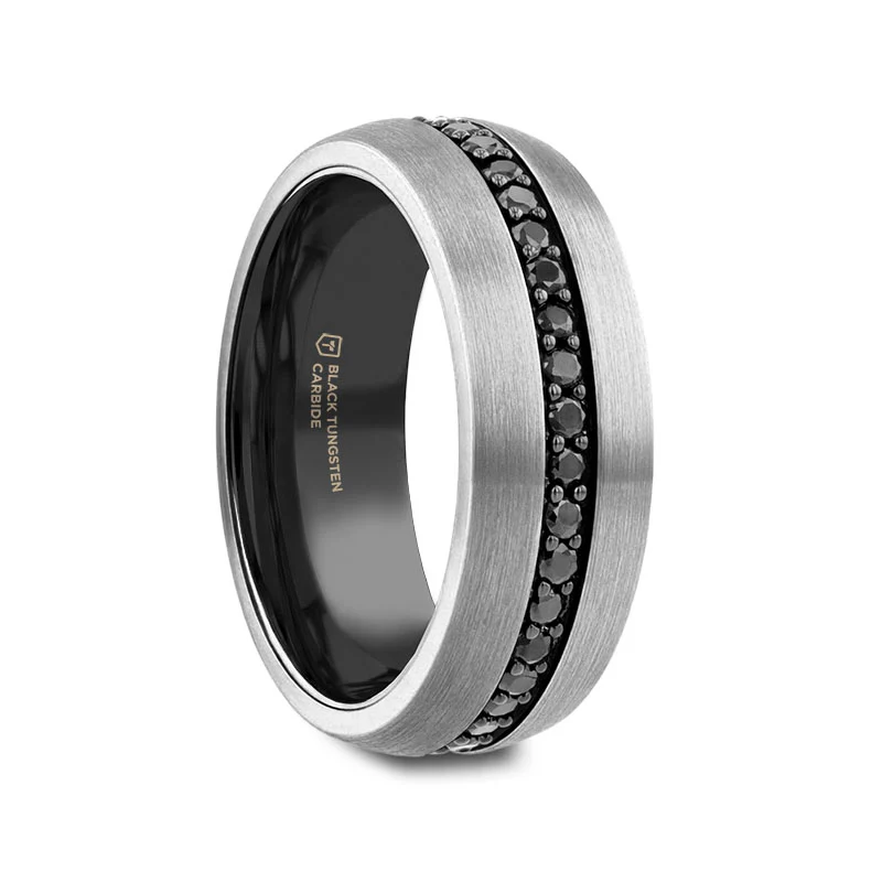 NETRO Men's Round Gunmetal Tungsten Wedding Band Black Sapphires Set Grooved 8mm