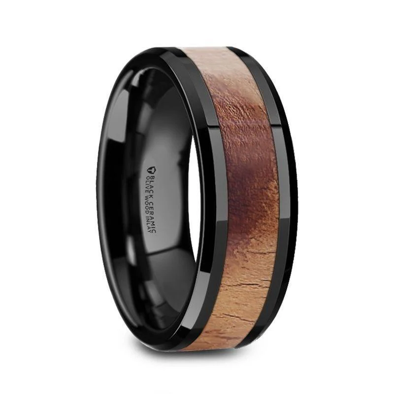 Kabili Men's Flat Black Ceramic Wedding Band With Real Olive Wood Inlay 6mm & 8mm