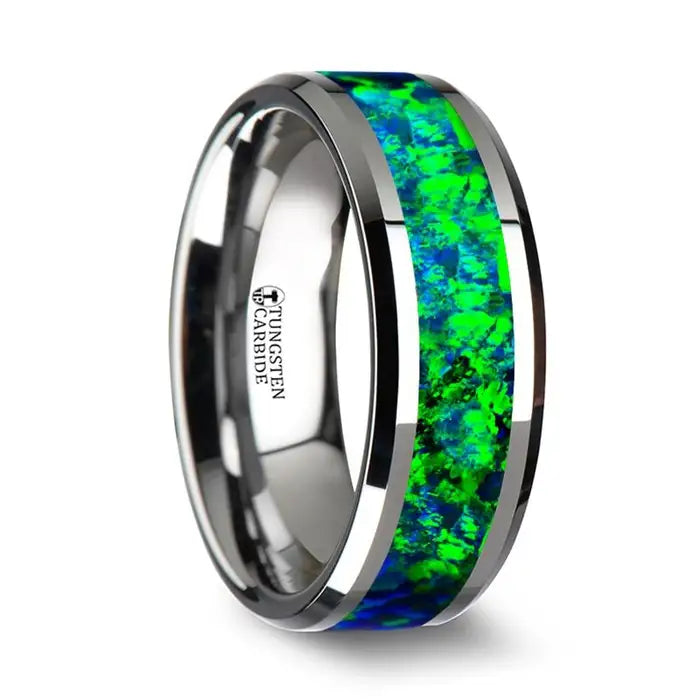 Prada Matching Ring Set Tungsten Ring Emerald Green & Sapphire Blue Opal Inlay - 6mm & 8mm