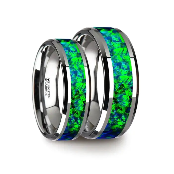 Prada Matching Ring Set Tungsten Ring Emerald Green & Sapphire Blue Opal Inlay - 6mm & 8mm
