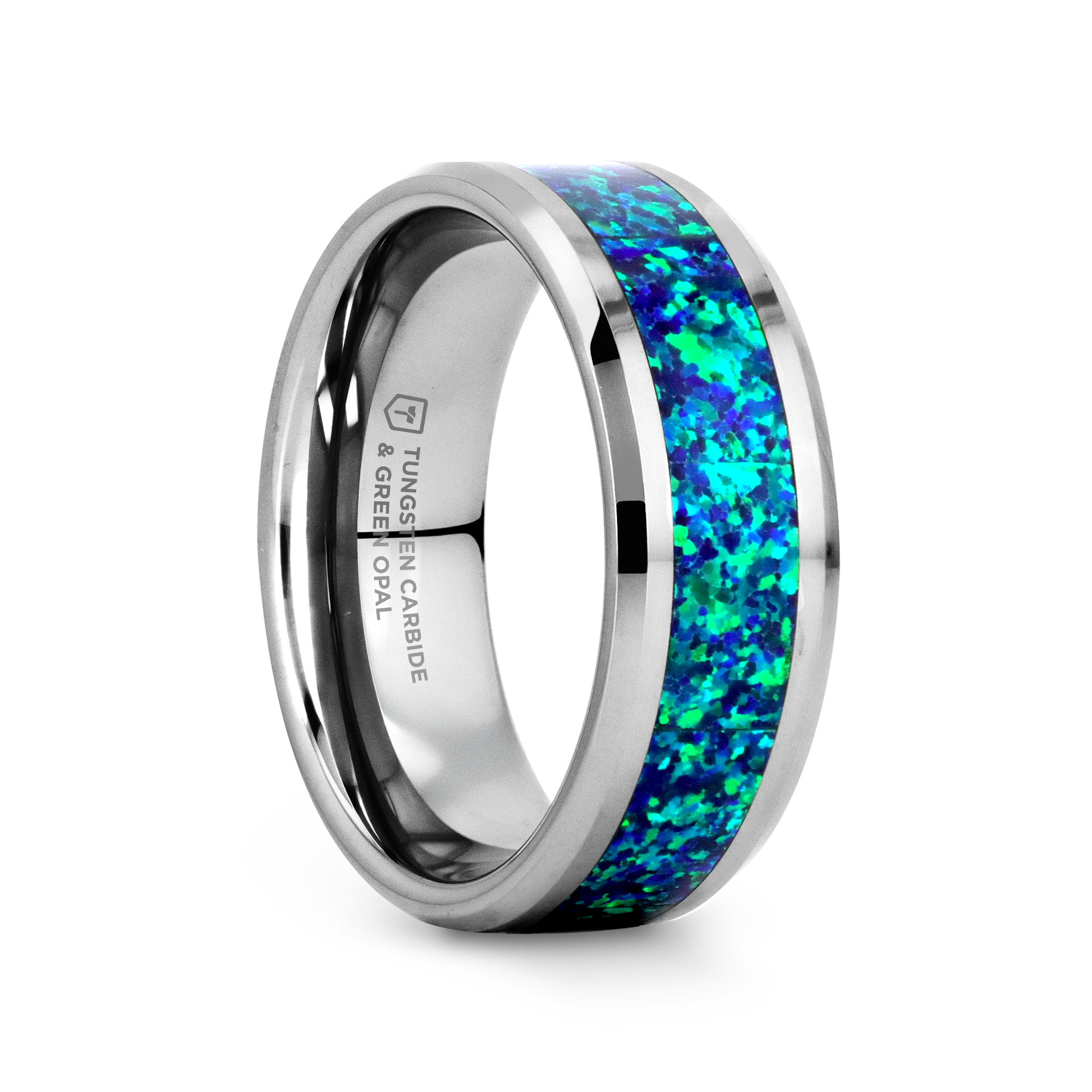 Iris tungsten ring with opal inlay, front view