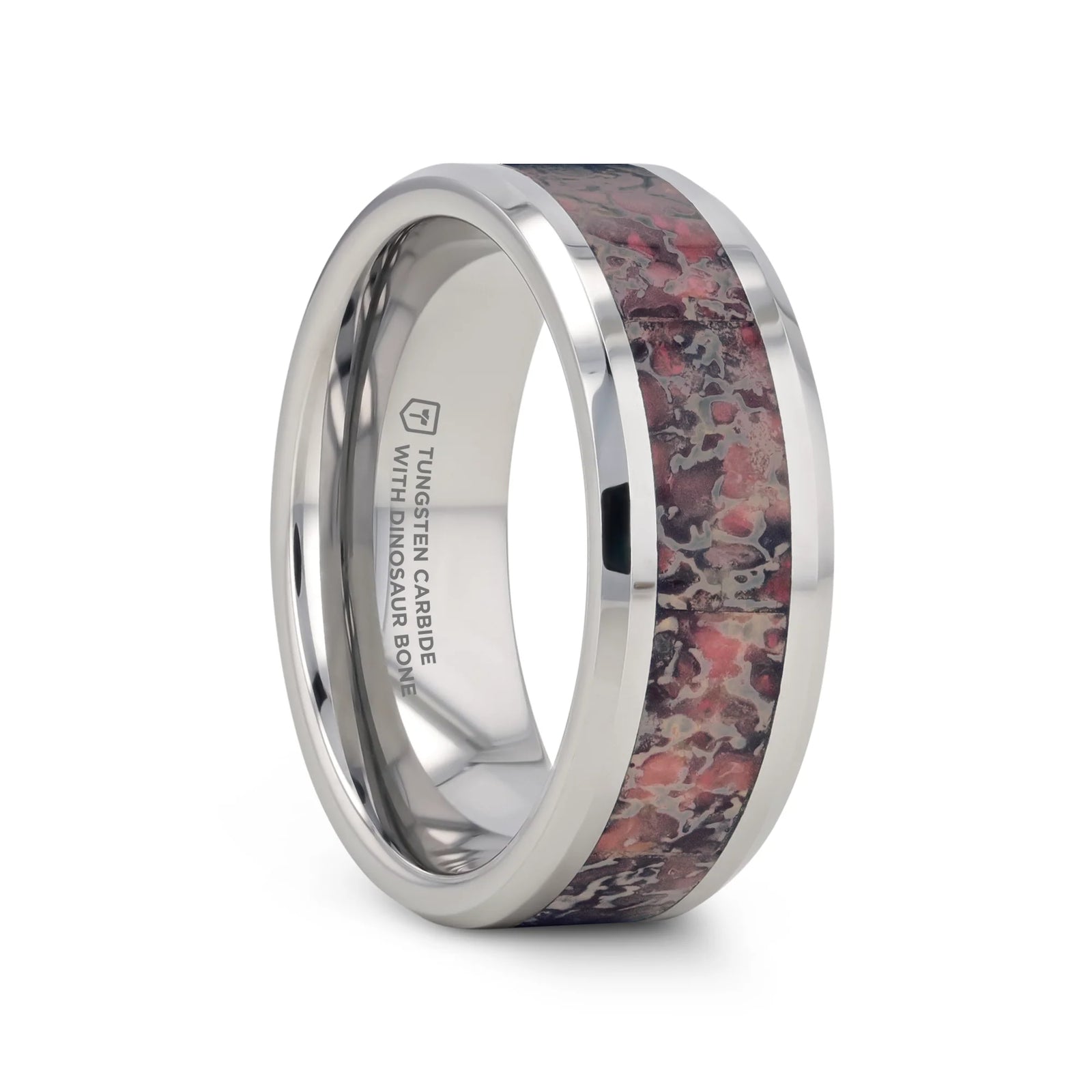 Makula Pink Dinosaur Bone Inlaid Beveled Tungsten Carbide Wedding Ring - 4mm - 8mm