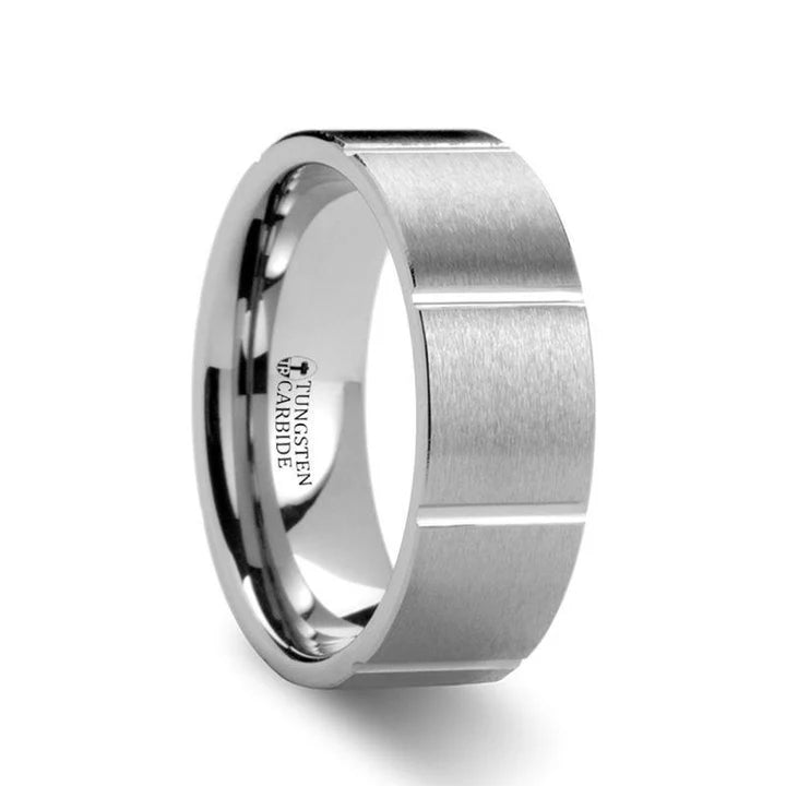 Pipe Cut brush finish with Horizontal Grooves Tungsten Carbide Ring - 8mm
