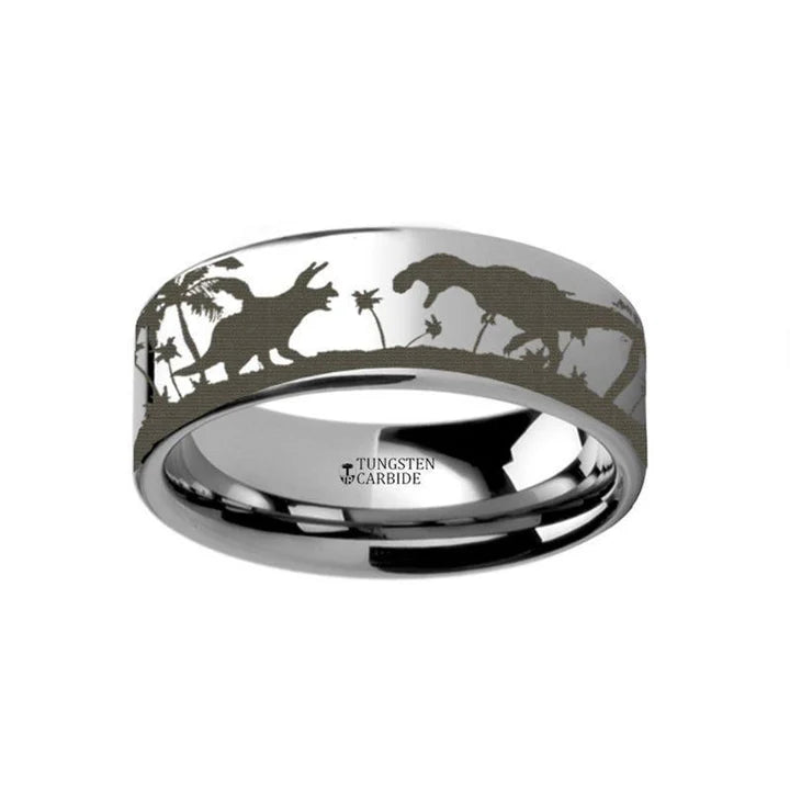 Prehistoric Dinosaur Jurassic Themed Portrait Engraved Flat Tungsten Ring - 4mm - 12mm