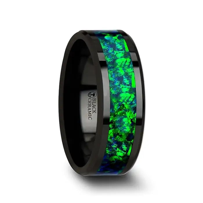 Maddox Matching Ring Set Black Ceramic Band Emerald Green & Sapphire Blue Opal Inlay 6mm & 8mm