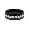 Smyrna black tungsten ring with thorn crown engraving, flat lay